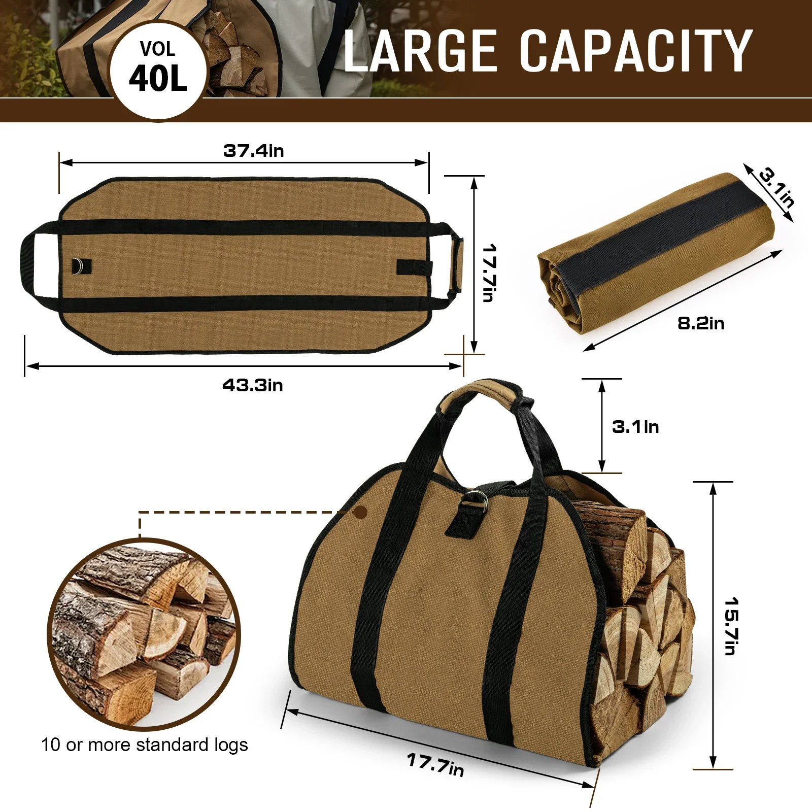 Goture-Bolsa de almacenamiento para leña de 39x18 pulgadas, resistente al calor, duradera, soporte para leña, organizador, accesorios para chimenea - imagen 3