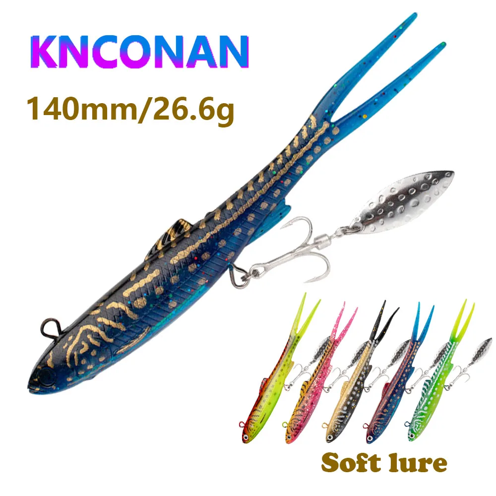 Anzuelos de plantilla de 140mm, cebo suave de silicona con cola en T con cuchara giratoria, Wobblers de lentejuelas, señuelo de pesca Artificial para Lucio, Swimbait