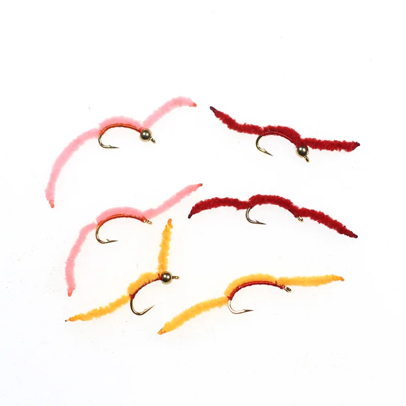 Wifreo-cuentas de energía de gusano de San Juan, 6 piezas, trucha, ninfa, Mosca, rojo, amarillo, v-rib con cuenta, trucha, cebo de pesca, moscas, tamaño #16 - imagen 5