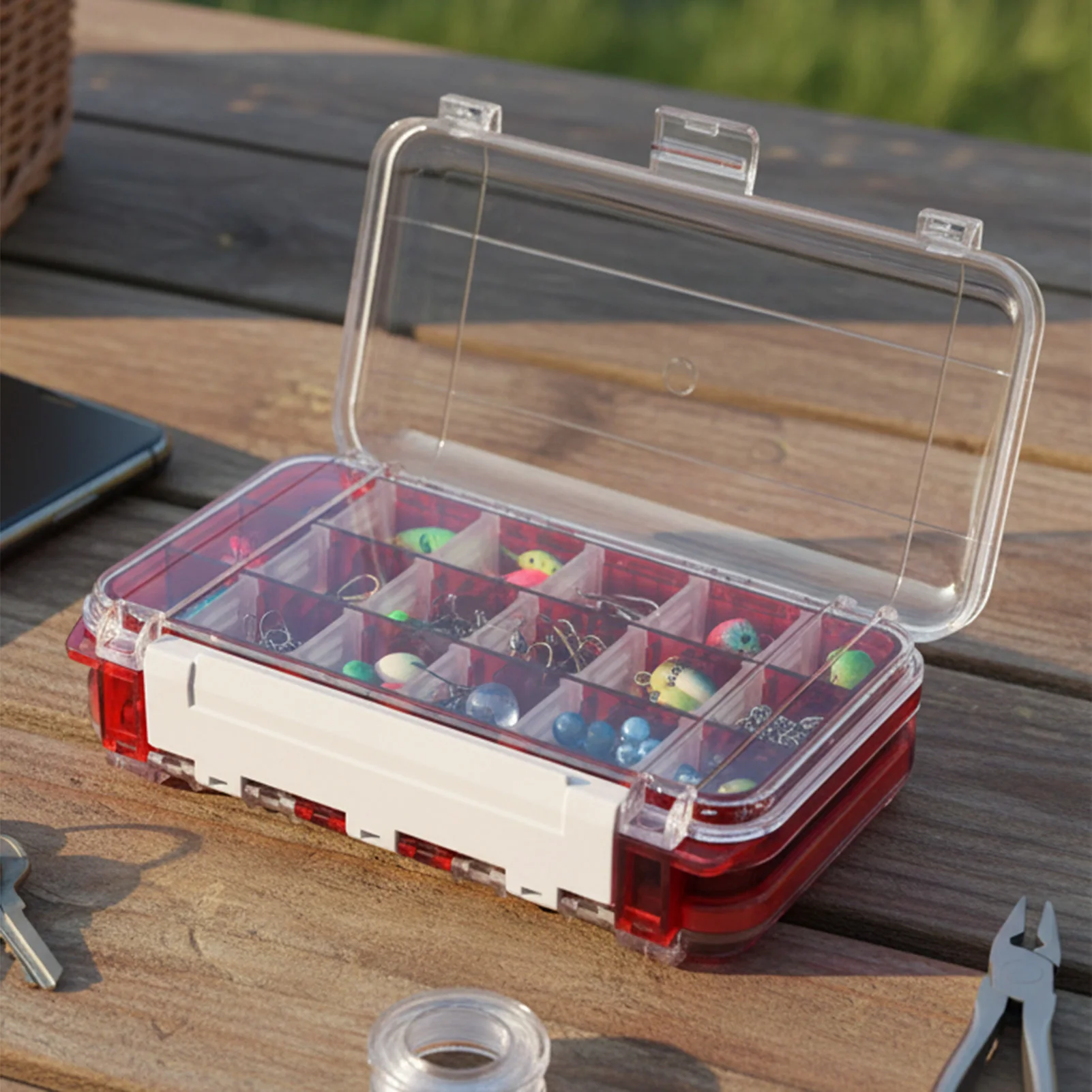 Caja de aparejos de pesca de doble capa, caja de almacenamiento Visual transparente con múltiples compartimentos para anzuelo de señuelo de pescado, cebo falso, engranajes de pesca - imagen 2