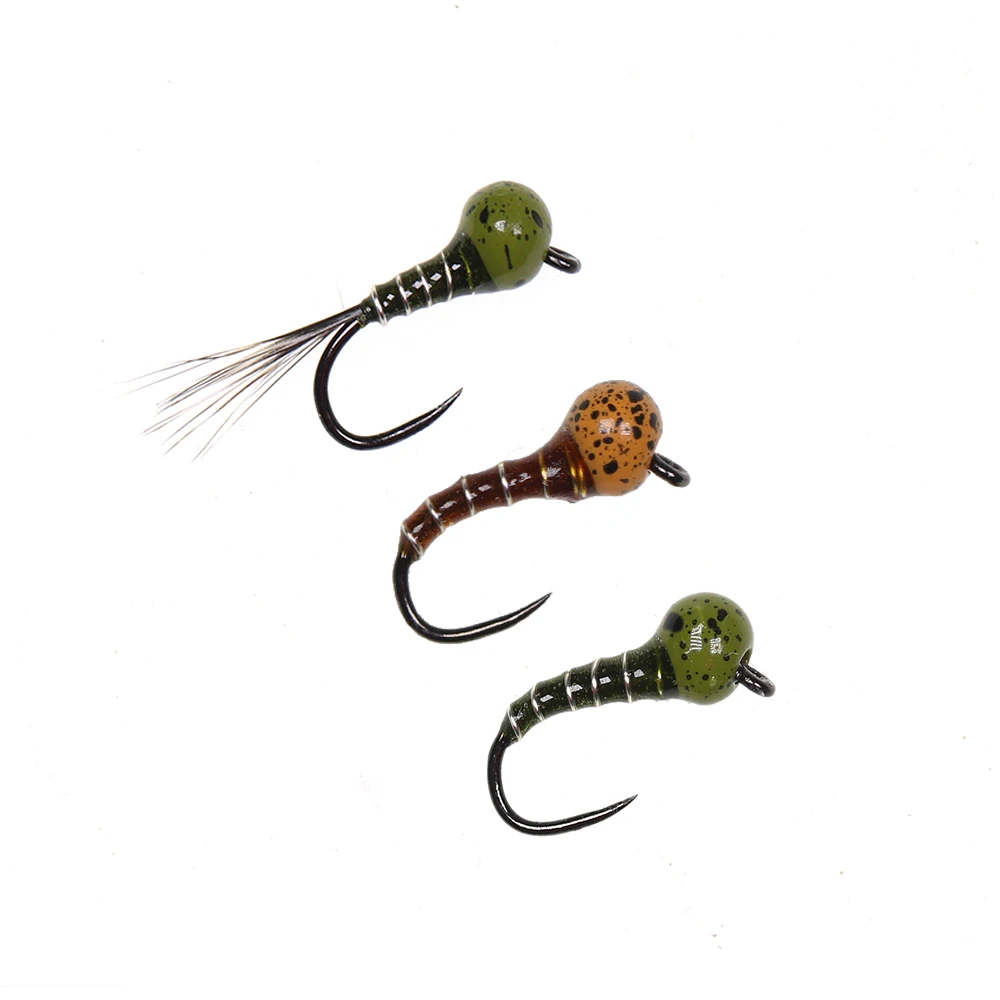 Moscas ninfas Jig marrón oliva moteado con perlas de carburo trucha