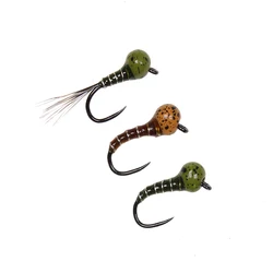 Moscas ninfas Jig marrón oliva moteado con perlas de carburo trucha