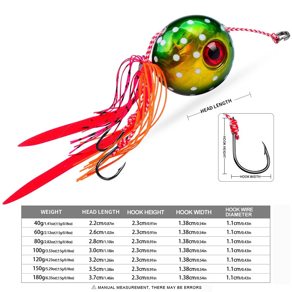 Señuelo de pesca de plomo de hierro brillante, 40/60/80g, cebo de pesca de mar de agua salada para pulpo rojo, cabeza de plomo, Jigging lento, anzuelos dobles de aguas profundas - imagen 2