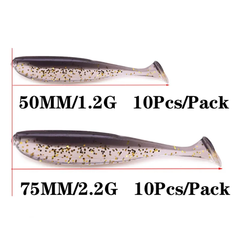 10 unids/lote T T T Tail Wobblers cebos blandos 5cm 7,5 cm colores dobles señuelo de pesca de silicona cebo Artificial para carpa aparejos de pesca de lubina - imagen 3