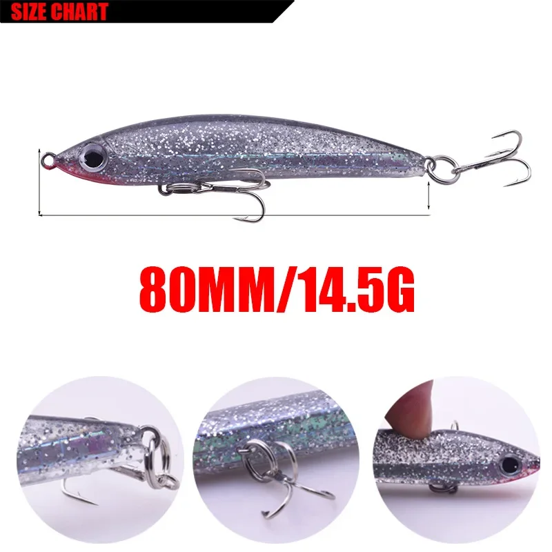 Cebo de silicona con lápiz que se hunde, 8cm, 14,5g, Wobblers, señuelo de pesca Artificial, colorido, ojos 3D, aparejos de pesca reflectantes, 1 ud.
