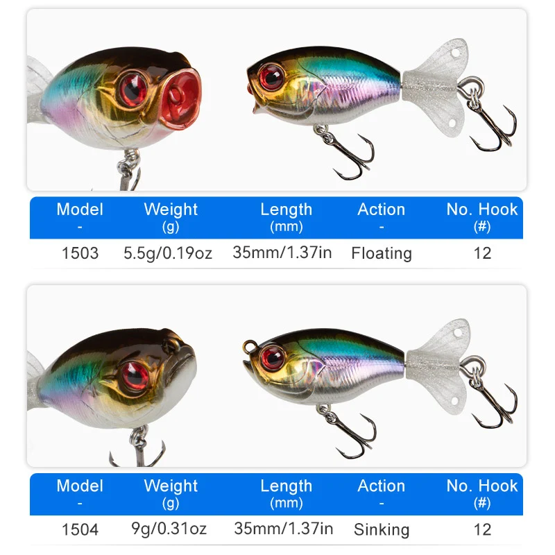Señuelo de pesca Kingdom Popper, 35mm, 5,5g, Wobblers duros flotantes, cebos duros artificiales con cola giratoria suave para pesca de trucha - imagen 3