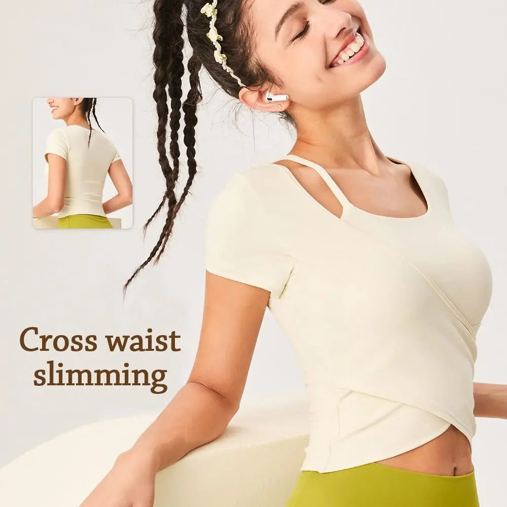 Fitness con sujetador deportivo, camisa de Yoga, camisa deportiva de manga corta cruzada, Top elástico transpirable para Pilates, deportes al aire libre - imagen 4