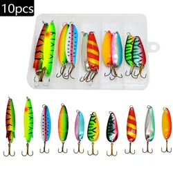 10 unids/caja cucharas de pesca cebo duro para Lucio trucha cuchara giratoria de Metal señuelo mezcla de colores con anzuelos triples juego de señuelos artificiales