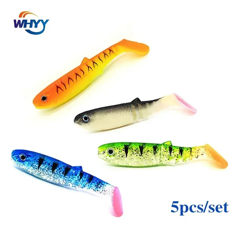 WHYY 5 unids/lote 8cm 6g Señuelos blandos de pesca 3D T-tail Wobblers pesca de gusanos pez de silicona cebo Artificial pesca para cabeza de anzuelo