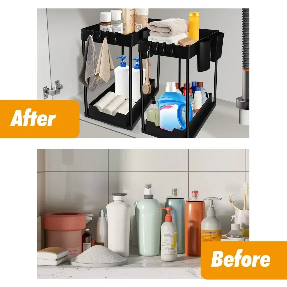 Organizador de cocina de almacenamiento debajo del fregadero de 2 niveles, estante deslizante debajo del fregadero, organización multiusos, cesta deslizante inferior - imagen 5