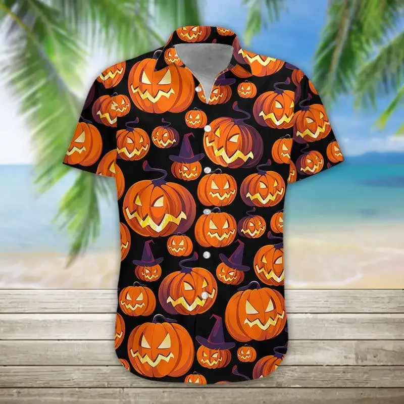 Lo más nuevo de verano, camisas hawaianas de manga corta, calabaza fantasma, calavera de Halloween, camisa hawaiana con estampado 3D, camisa informal de playa para hombre DXS01 - imagen 3