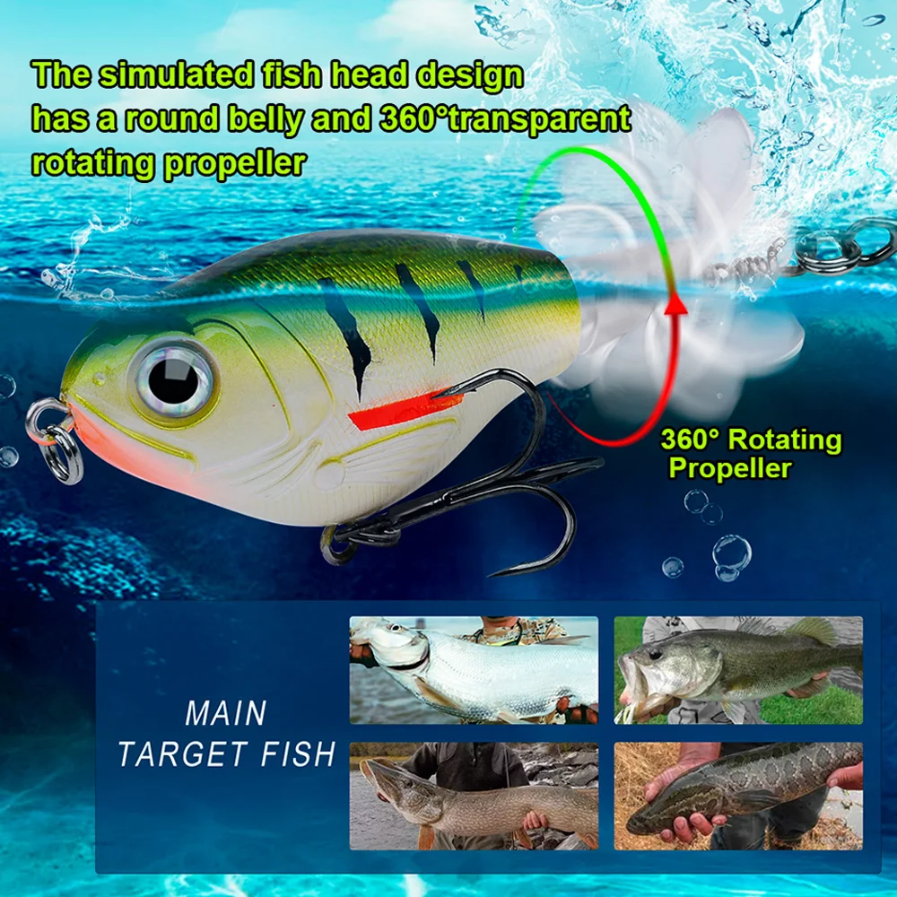 Señuelo de pesca Topwater Popper, cebo duro de plástico Swimbait giratorio de cola suave, Lucio, aparejos de pesca artificiales Whopper Plopper - imagen 4