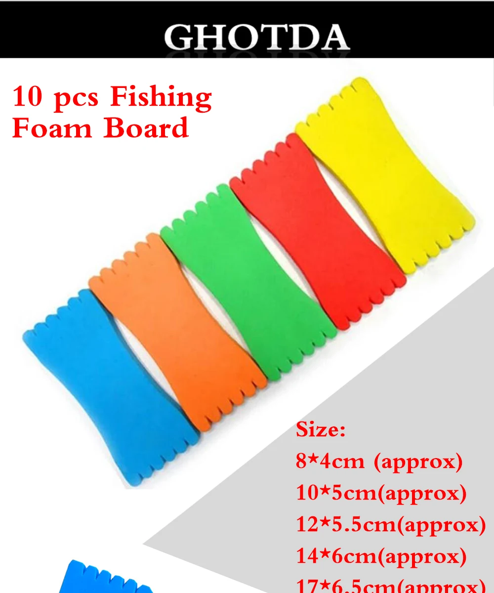 Una tabla de espuma de pesca con 10 piezas de diferentes colores