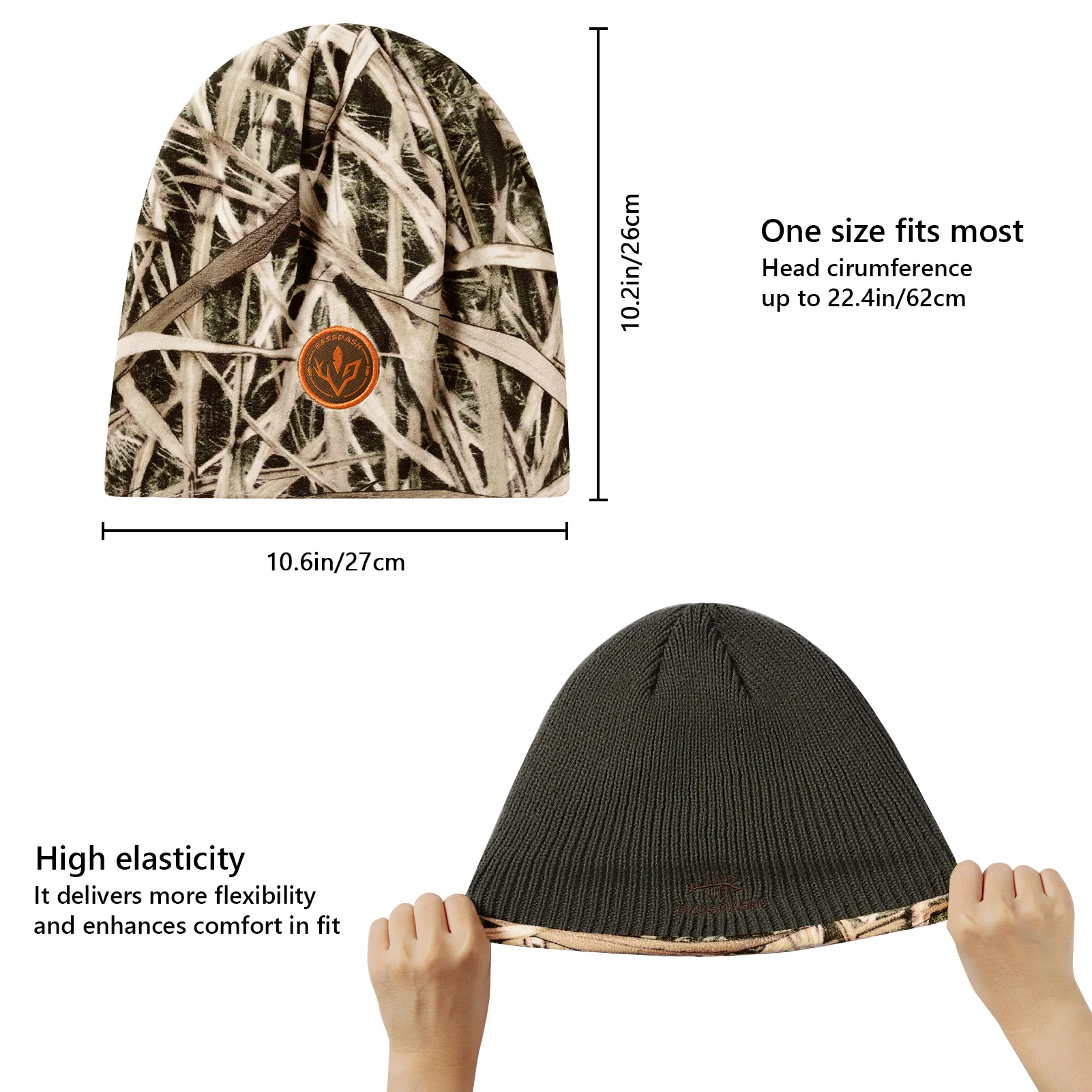 BASSDASH Gorro de invierno de lana reversible a prueba de viento, gorros gruesos y cálidos para hombres y mujeres, gorro de punto con puños unisex de ajuste elástico - imagen 3