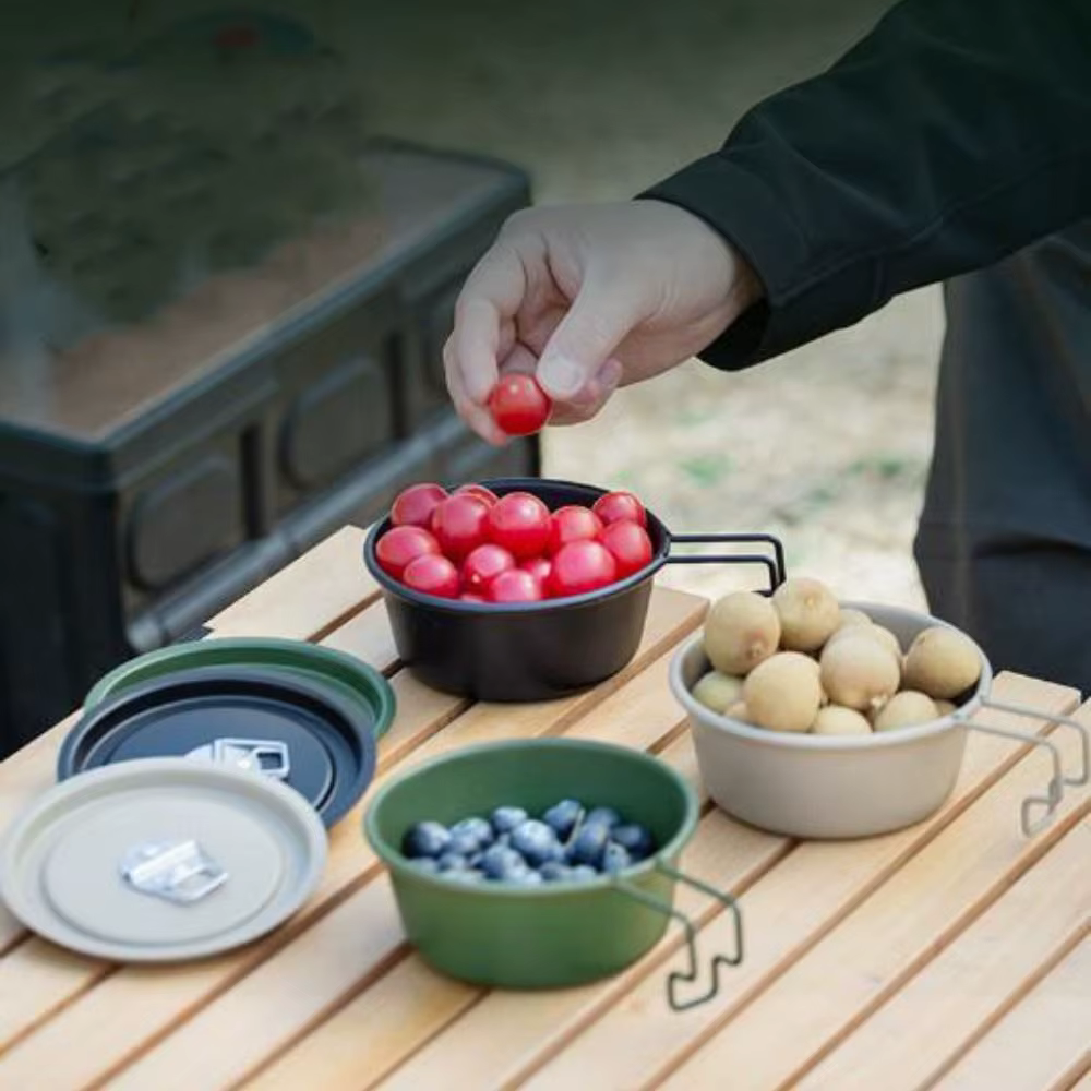 Nueva cuenco de nieve plegable para exteriores de aleación de aluminio con bolsa de almacenamiento, cuenco de Picnic para acampar en 3 colores, cuenco portátil para acampar con tapa - imagen 4