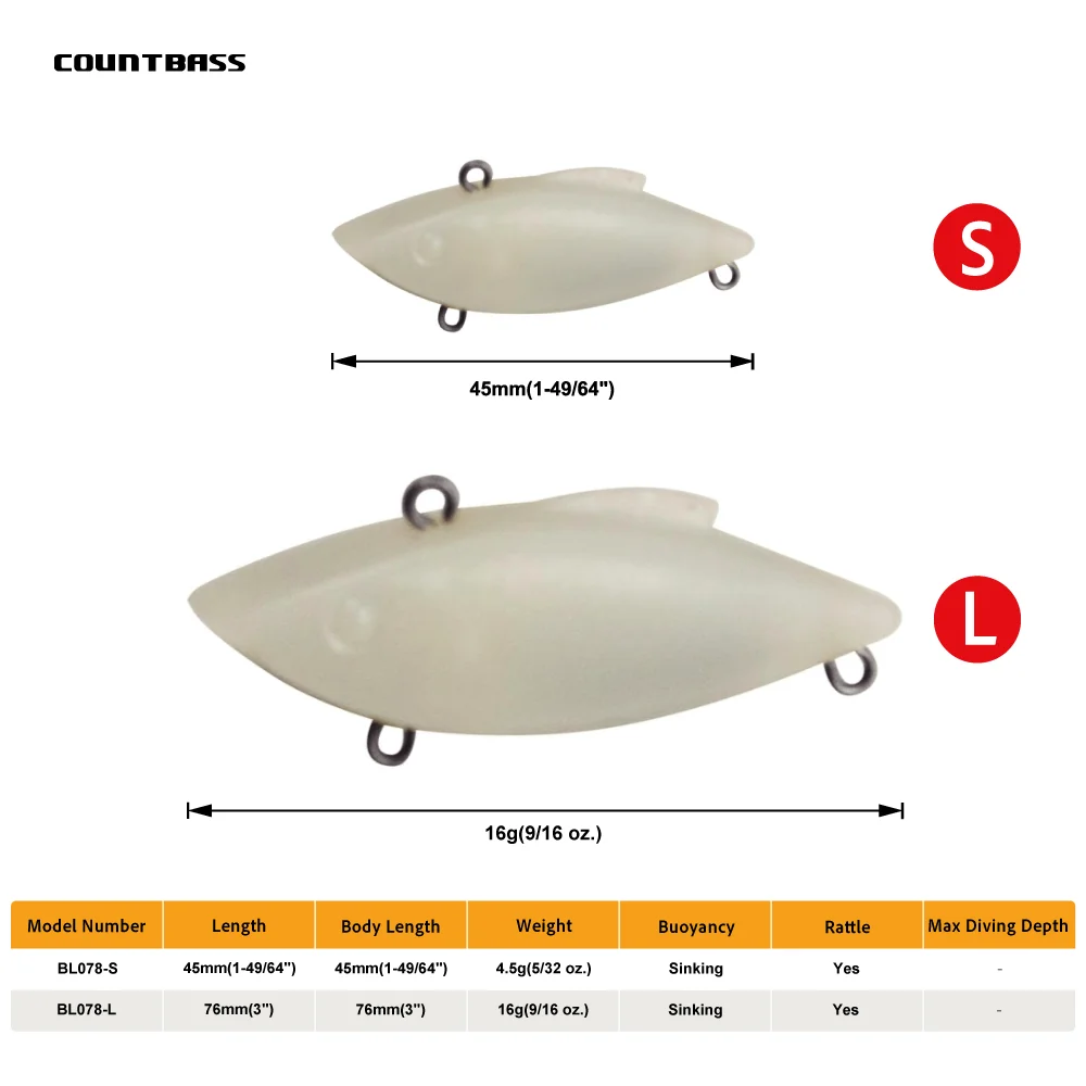 Countbass-Señuelos de pesca en blanco, sonajero que se hunde, vibración, 45mm/1,77 ", 4,5g/0,16oz, 76mm/3 ", 16g/0,38oz, Wobblers sin pintar, 10 Uds. - imagen 2