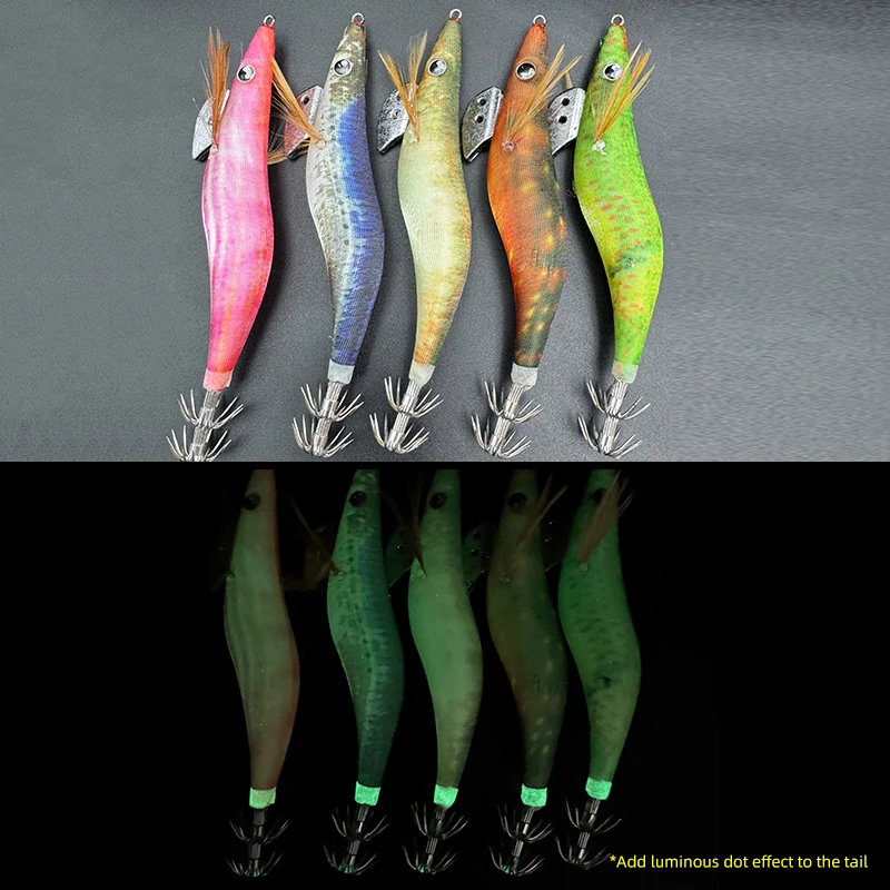 Jig luminoso para calamar – Camarón de madera con brillo - imagen 4