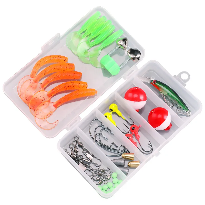 Kit de accesorios de aparejos de pesca, señuelo Texas Rig, cebo blando, Alertor de pececillo, flotador, cola en T, gancho de gusano, cabeza plomada hacia abajo, 46 piezas - imagen 4