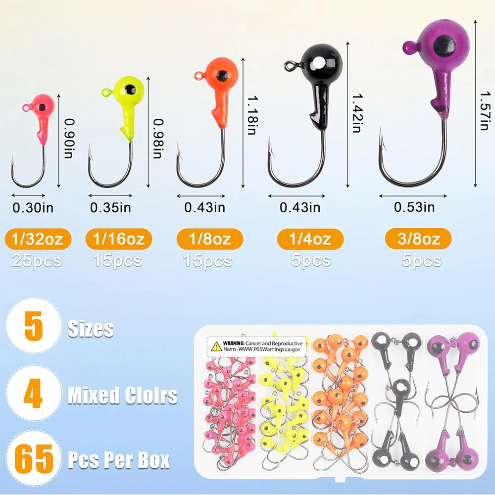 65Pcs Fishing Jig Head Hooks Kit Round Ball Head Fishing Jigs Hook Bass Lures Crappie Jig Heads for Trout Walleye Fishing Jigs - imagen 2
