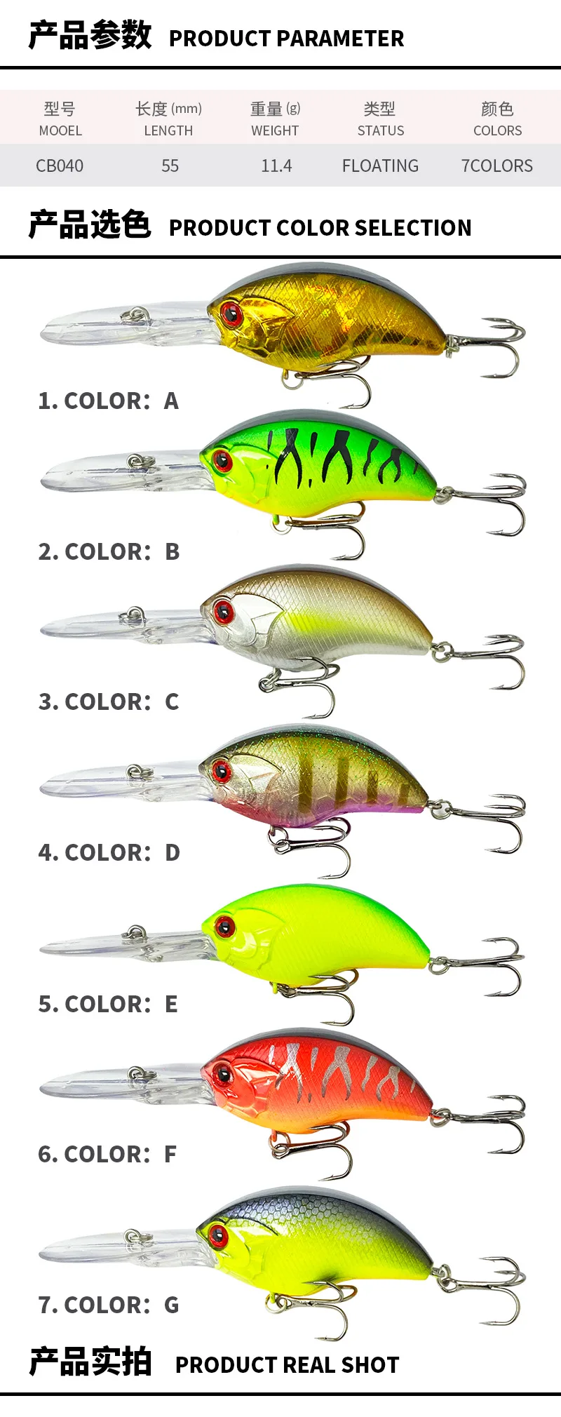 Detalle del acabado y anzuelos del crankbait