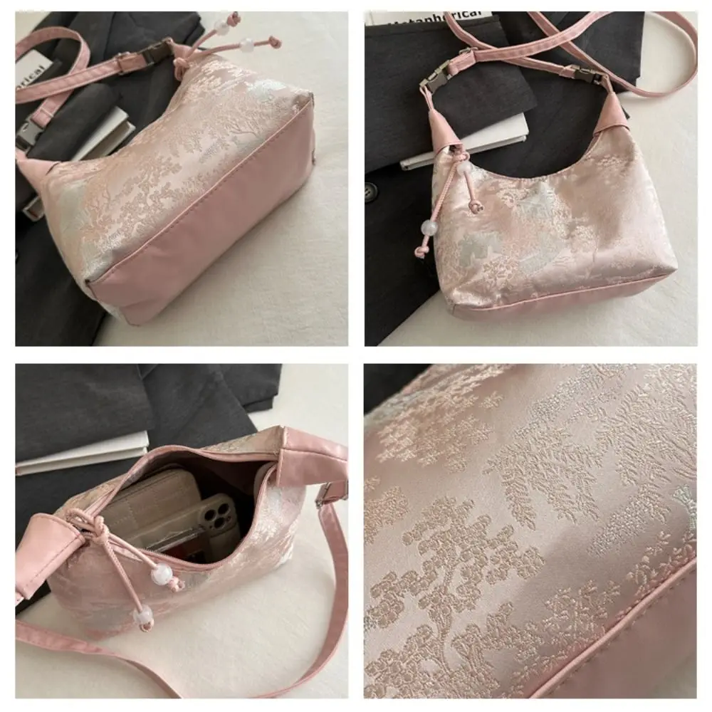 Bolso de hombro bordado de lujo, bandolera pequeña con textura de nailon, colgante de perlas, bolso de cubo para mujer y niña - imagen 2