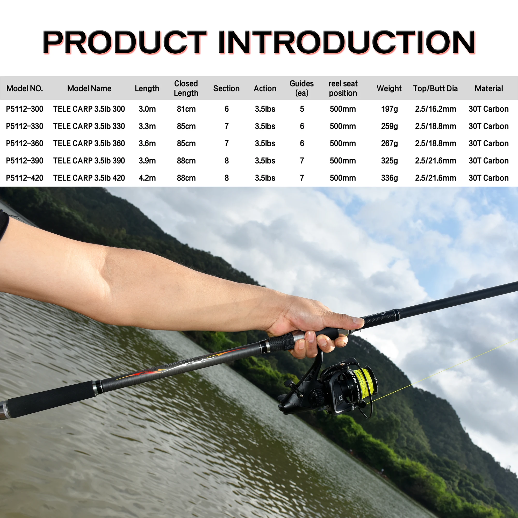 BIUTIFU-cañas de pescar telescópicas para carpa, 3,5 libras, 3,0/3,6/3,9/4,2 m, 30T, potencia de Surf giratoria de carbono, 160g, Surfcasting, Phishger, caña dura - imagen 2