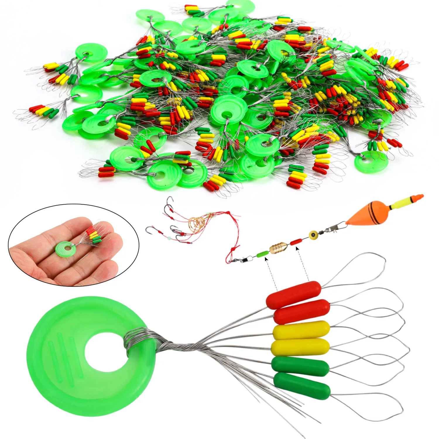 Sougayilang 100/600 piezas de goma de pesca cilíndrica, flotador de pesca de frijol espacial colorido, corcho de pesca, 6 uds./grupo de frijoles flotantes de pesca