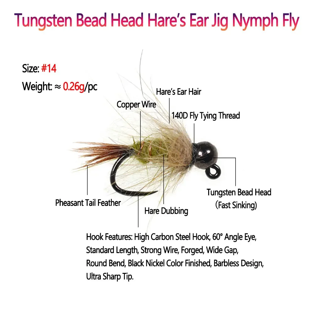 Bimoo-Señuelos de Pesca de tungsteno, 4 piezas, #14, plantilla de oreja de liebre, Mosca de Ninfa, hundimiento rápido, mojado, Euro, Mosca de Ninfa, trucha - imagen 2