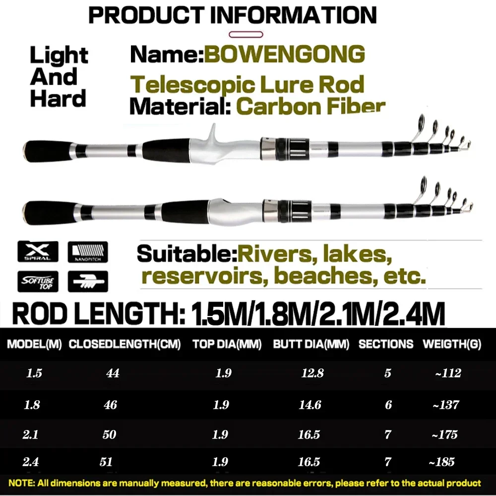 GHOTDA-Mini caña de pescar telescópica de viaje, 1,5/1,8/2,1/2,4 M, ultraligera, Baitcasting, 5-7 secciones para aparejos de pesca de carpa - imagen 3