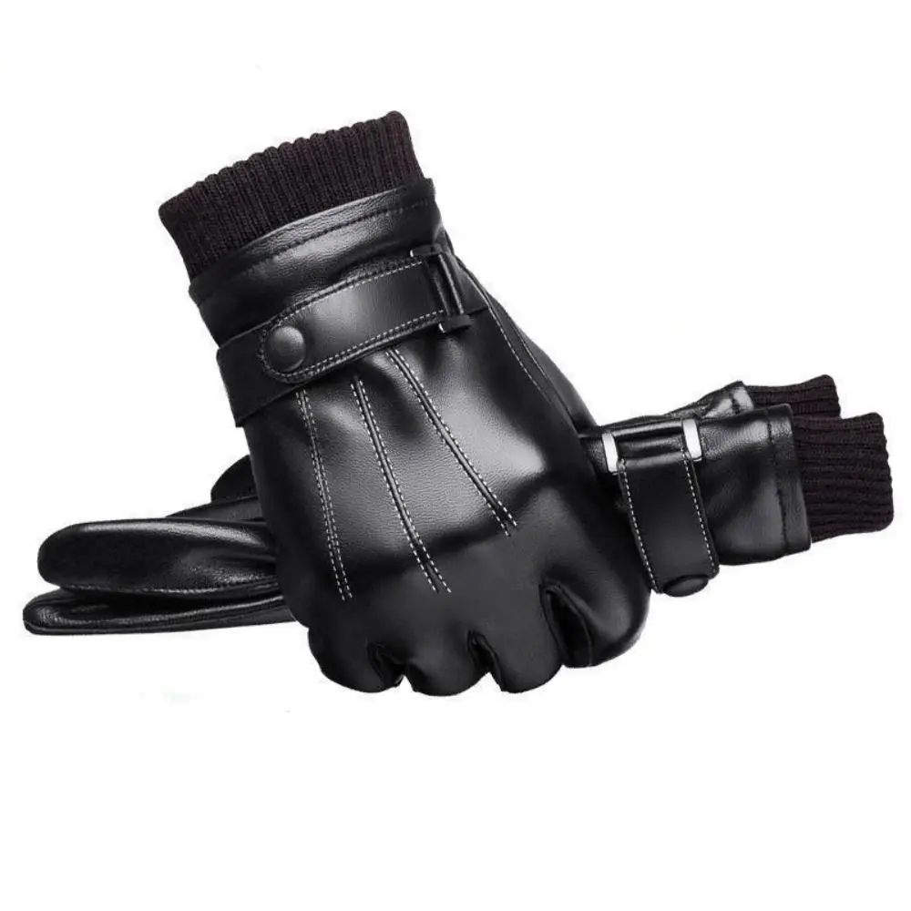 Guantes cálidos de cuero PU para invierno, guantes negros de terciopelo para deportes al aire libre, guantes de cuero grueso a prueba de viento para hombre - imagen 2