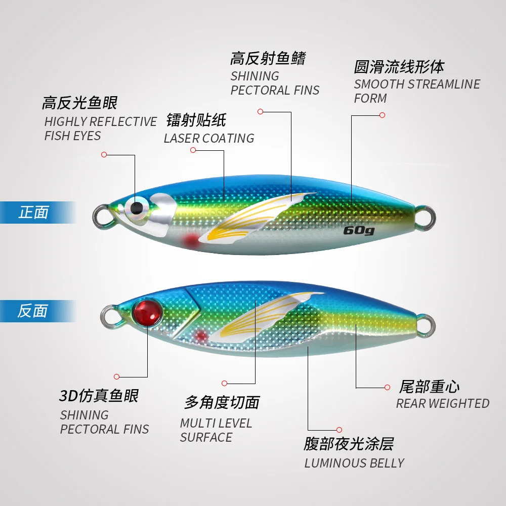CASTFUN-señuelo de pesca que brilla en la oscuridad, 40g, 60g, 80g, 100g, plantilla de Metal, cebo de pesca de agua salada, señuelo de Jigging lento - imagen 3