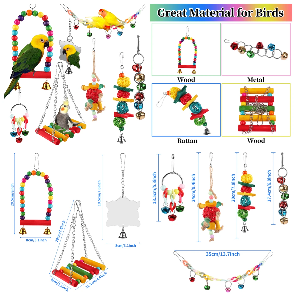 8 piezas de juguetes coloridos para periquitos y pájaros, columpio colgante de pie, juguete para masticar, hamaca, escalera de escalada, jaula para pájaros, juguete para periquito - imagen 4
