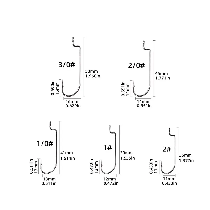 Anzuelos de gusano Offset de pesca ewg-offset de tamaño mixto, ganchos de gusano Offset de curva redonda, hueco ancho con vástago de púas, 50 unids/lote por caja - imagen 2