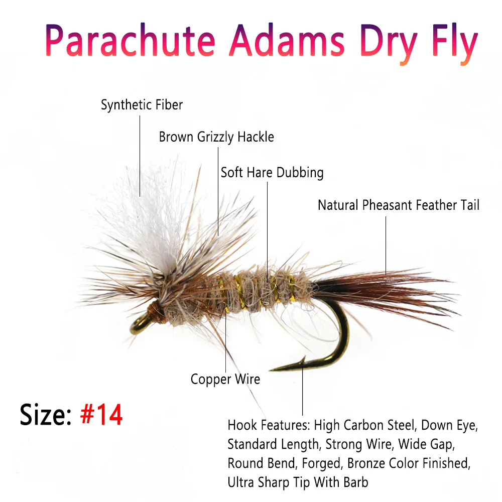 Paracaídas Adams Dry Fly Una mosca versátil para la pesca de truchas con una cola de pluma de pavo real y un gancho de alambre de cobre para un rendimiento mejorado