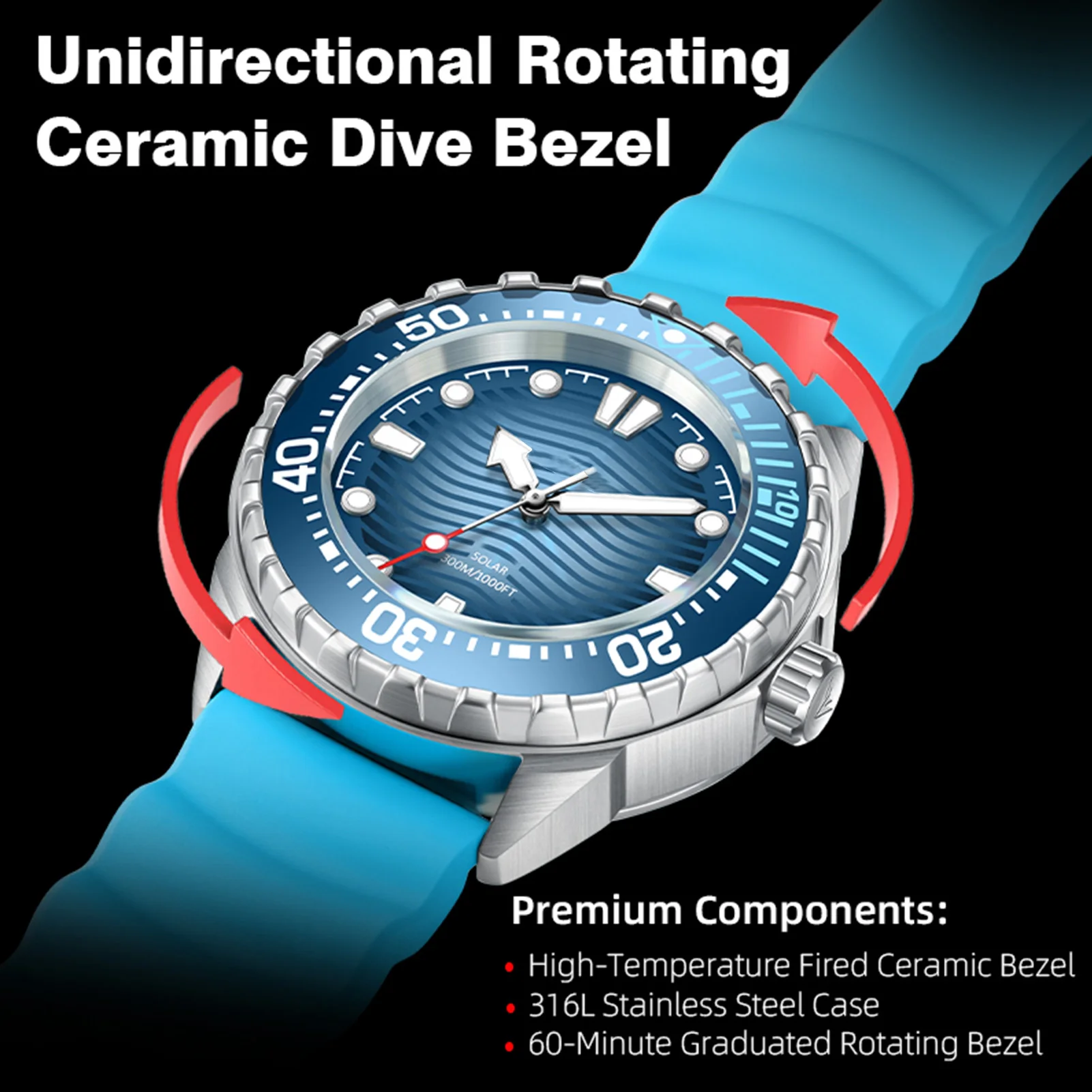 Reloj de buceo de cuarzo con energía solar, brillo nocturno, correa de silicona resistente a la lluvia de 300M para hombres y mujeres - imagen 3