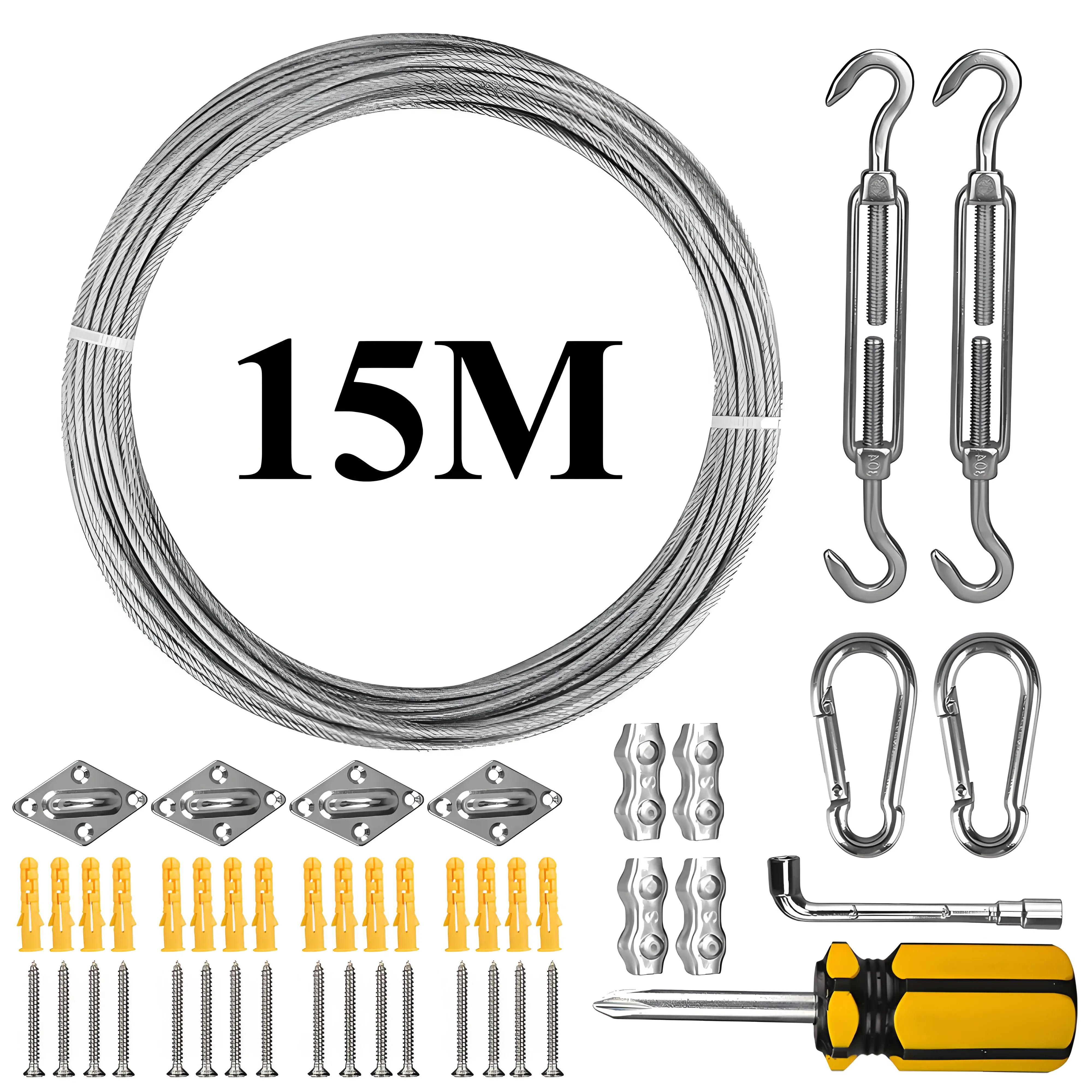 Cable de 15M, cuerdas de acero inoxidable 304 con Kit de Hardware antioxidante de alta resistencia para toldo, alambre para dosel, tendedero, Kit a prueba de herrumbre - imagen 2