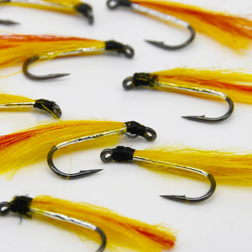 MNFT 10PCS 6 #   Señuelo de pesca con mosca de mimbre, serpentina naranja y amarilla, juego de cebo falso Artificial de alta calidad, accesorios - imagen 5