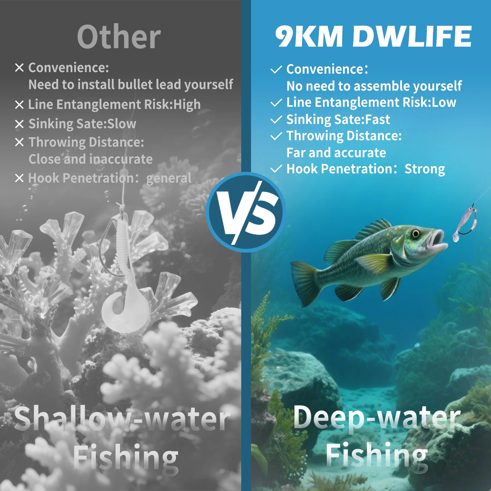 Gancho Ewg de 9KM ponderado, 10 Uds. Para lubina, gancho suave de gusano, alta resistencia y resistencia a la corrosión - imagen 5