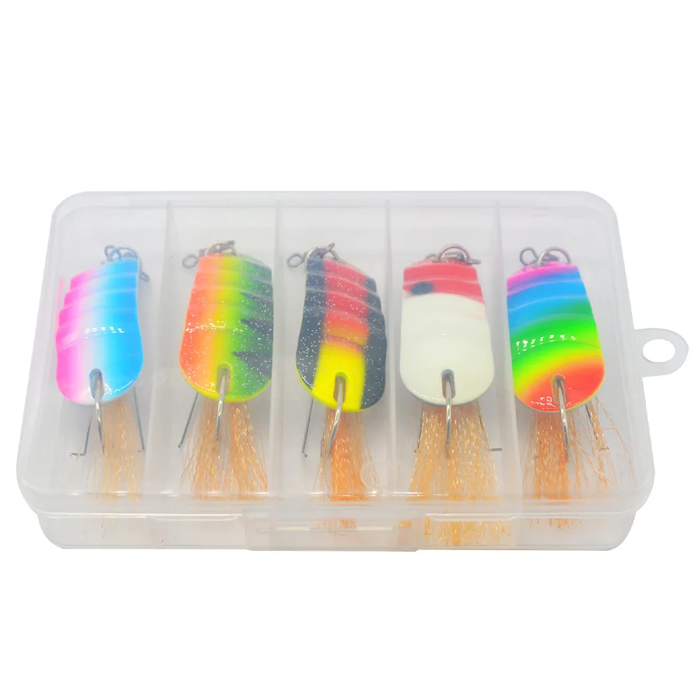 5 unids/caja cuchara señuelo de Metal Arco Iris 21G/6,2 cm fondo anticolgante gancho individual con cebo duro de plumas aparejos de pesca en hielo - imagen 4