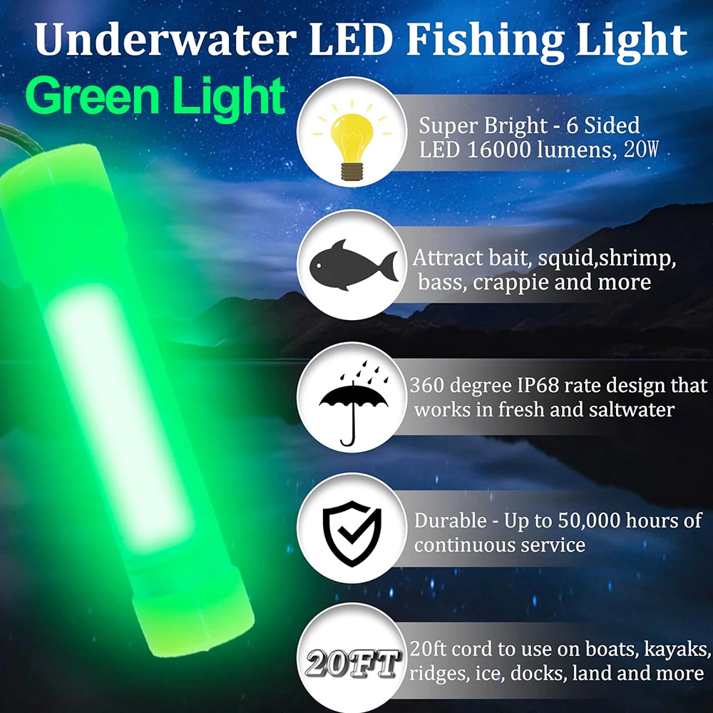 Luz de pesca submarina de 20W DC12-24V superbrillante 16000 lúmenes buscador de señuelos luz de caída profunda buscador de cebo de peces lámpara de pesca - imagen 3