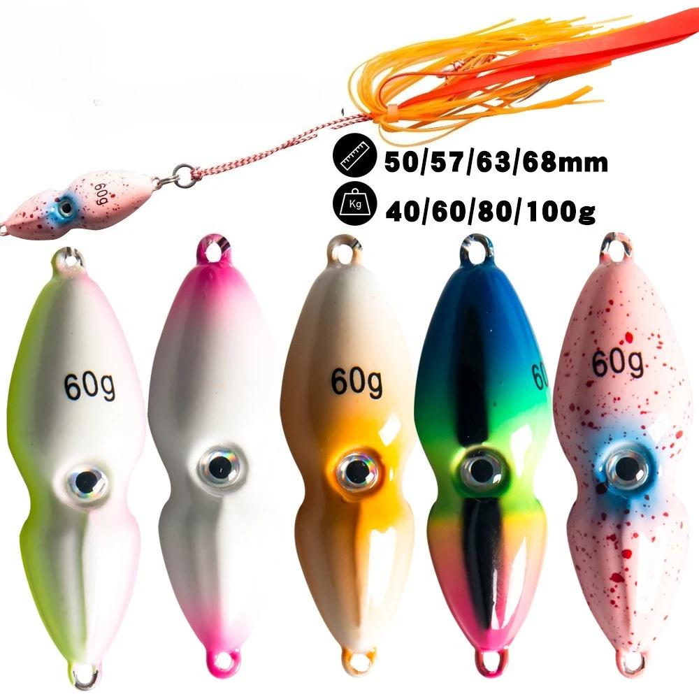 Cebo falso de calamar biónico con cabeza de maní, 40g/60/80/100g, pesca en el mar, BassChapter, cabeza roja y negra, placa de hierro, 1 ud. - imagen 2