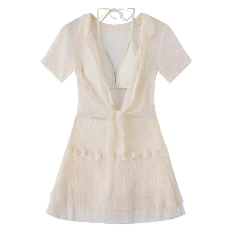 Traje de baño de tres piezas de manga corta a la moda, conjunto de Bikini estilo Push Up con volantes, traje de baño adelgazante sólido para nadar