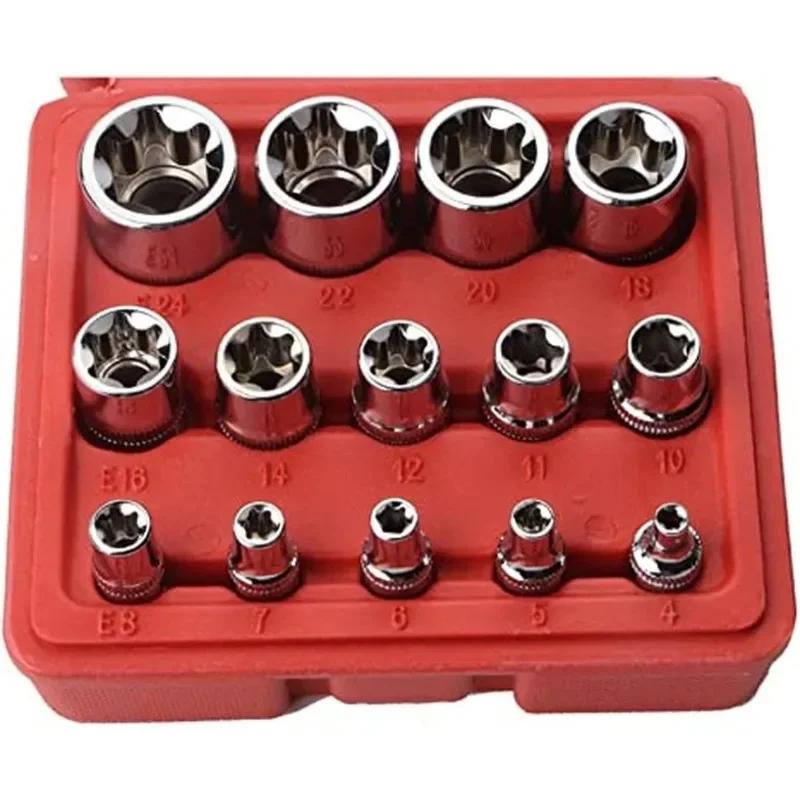 Juego de enchufes de torsión de ciruela hexagonal E-Torx de 14 Uds con estuche de 1/4, 3/8, 1/2 pulgadas, juego de enchufes de estrella externos hembra, enchufes de E4-E24 - imagen 2