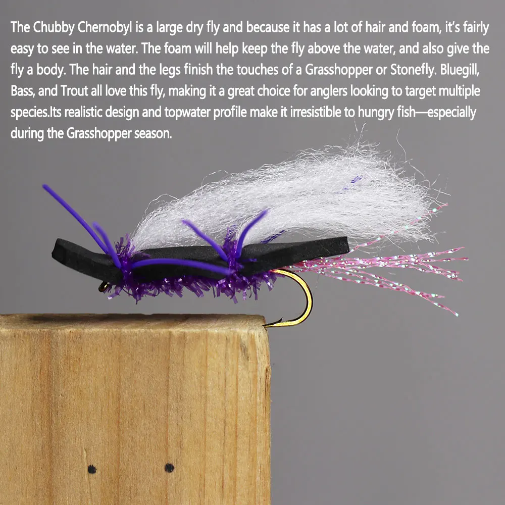 Bimoo 6 piezas # 6 # 8 # 10 blanco púrpura Chubby Chernobyl mosca flotante espuma Topwater saltamontes mosca seca trucha lubina Señuelos de pesca cebos - imagen 5