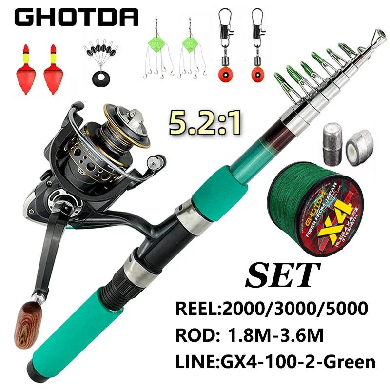 Carrete de caña de pescar portátil, Kit completo de caña telescópica de 1,8-3,6 m y carrete de la serie BK2000-5000 con línea de gancho, aparejos de Pesca