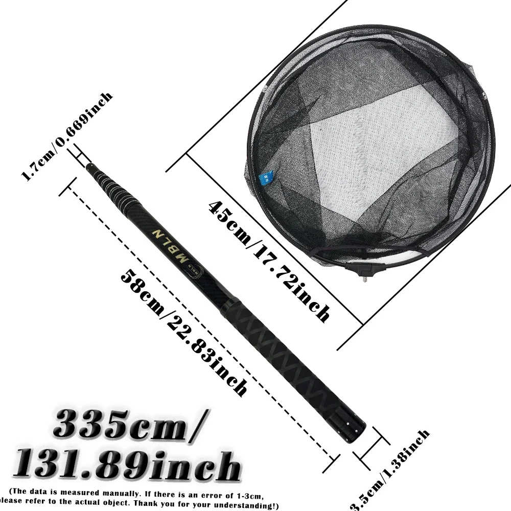 MBLN Red de aterrizaje de fibra de carbono, poste telescópico de 385 cm, doblado de 158 cm, aro de 45 cm, carbono de 2 capas + epoxi, con bloqueo de posicionamiento, red de mano - imagen 3