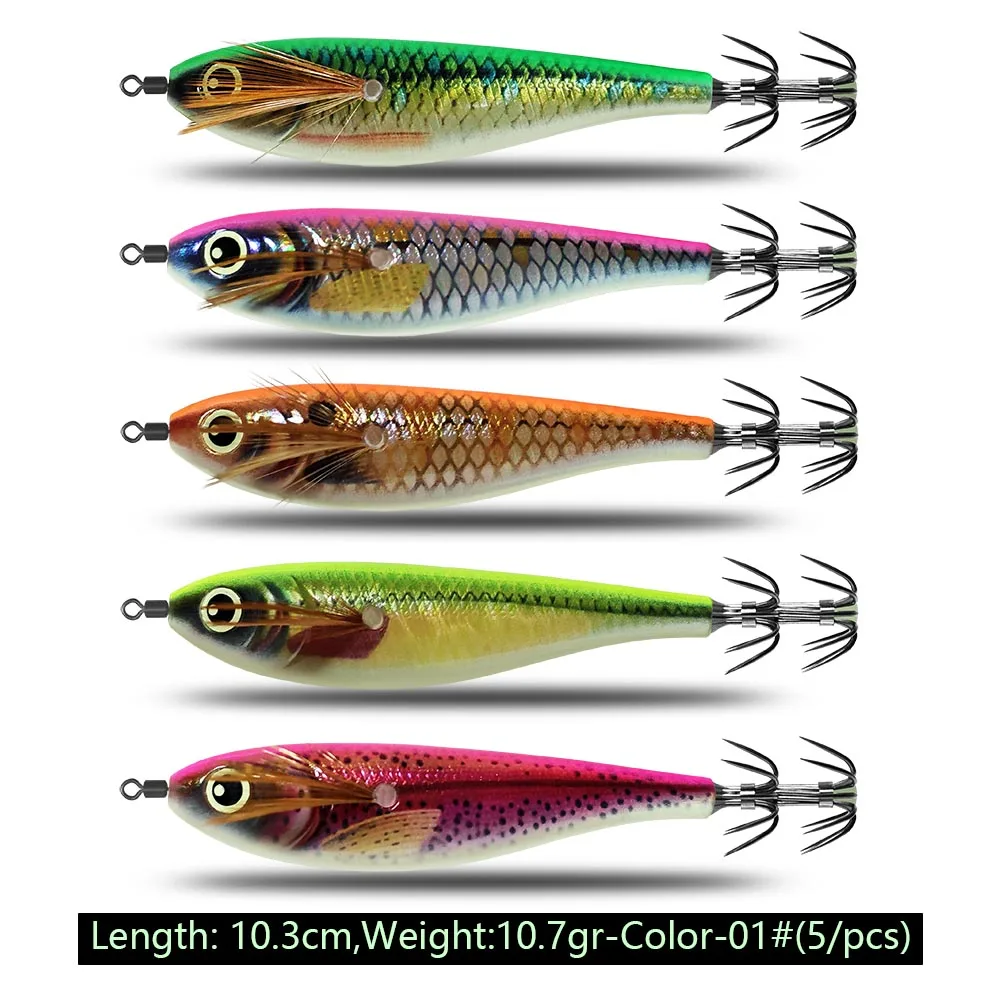 Cebos blandos de calamar, Señuelos de pesca de mar con luz nocturna simulada, anzuelo de doble capa, cebo falso para pesca en el océano, 5 uds. - imagen 3