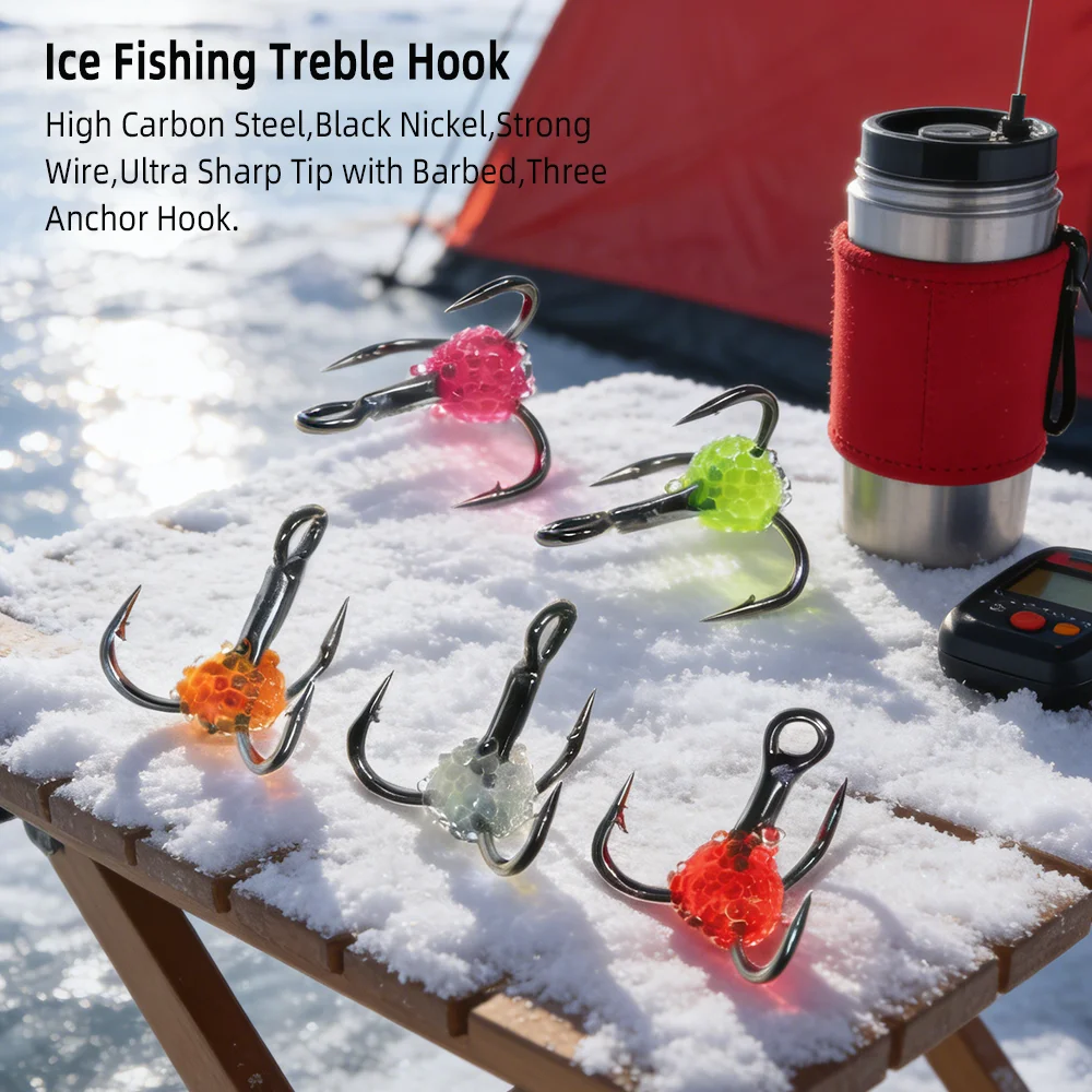 ICERIO 3 piezas/5 piezas # 8 # 10 # 12 # 14 anzuelos triples para Pesca en hielo, huevas de pescado UV realistas, Pesca de invierno, tipo de pez, lubina, Panfish, Señuelos de Pesca - imagen 2