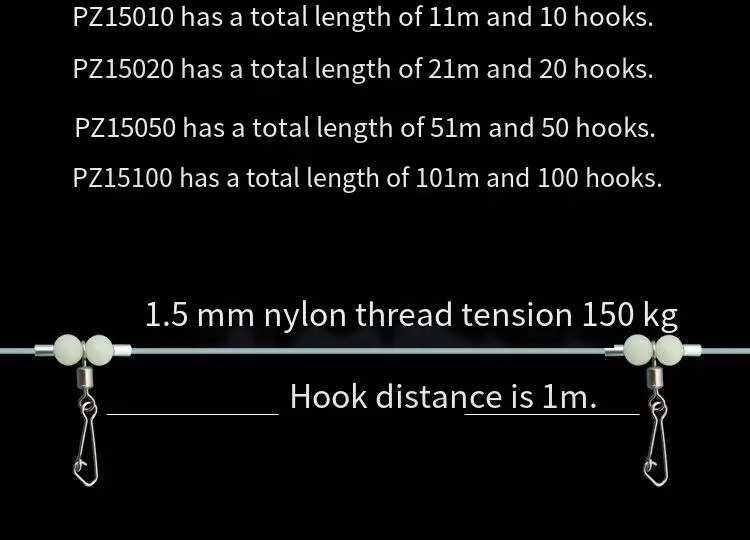 Descubra la configuración de pesca perfecta con PZ15010 PZ15020, PZ15050 y PZ15100, con 1M ganchos y 1