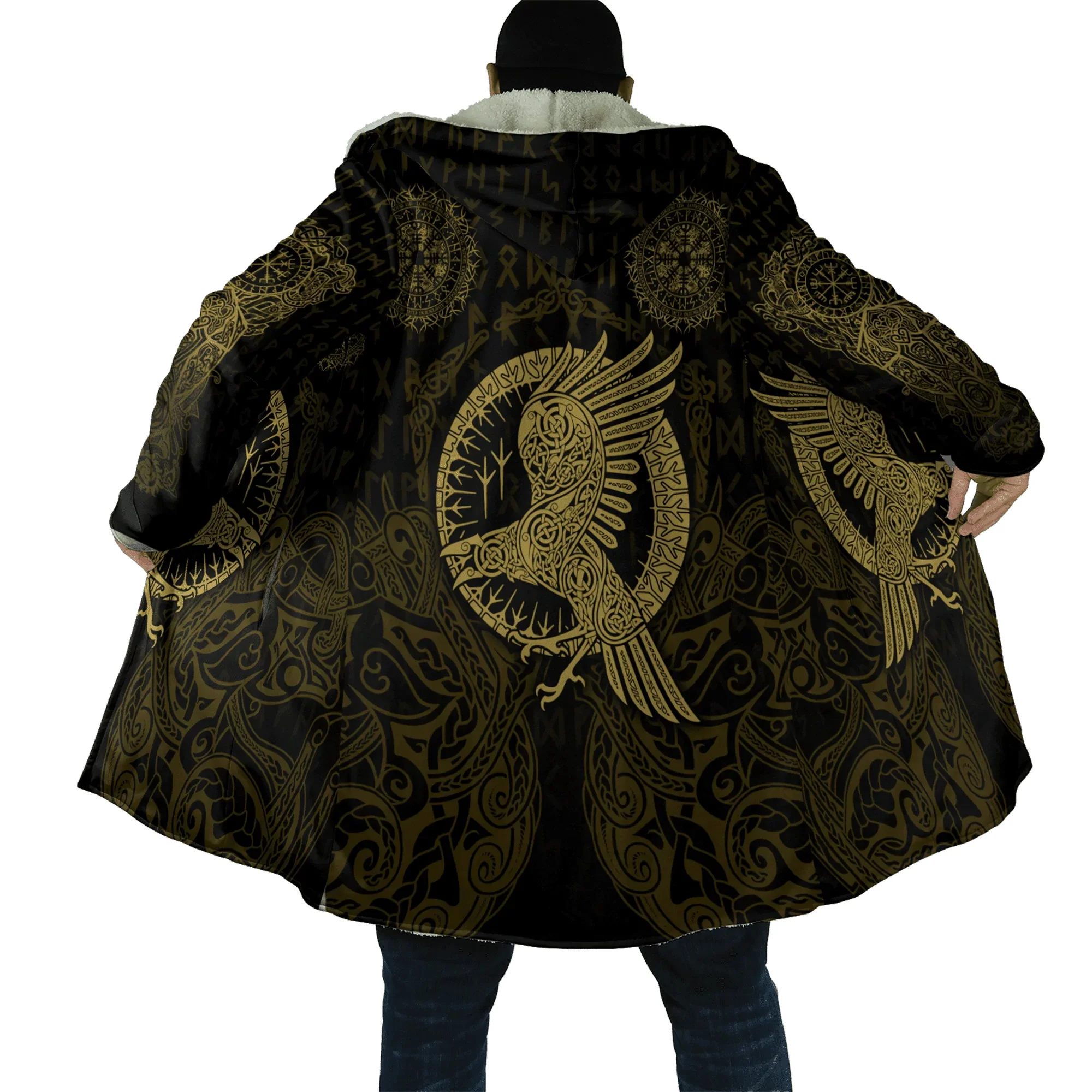 Capa de moda de invierno para hombre Fenrir Vegvisir Runes Raven Tattoo estampado 3D abrigo con capucha de lana gruesa Unisex Casual capa cálida DP24 - imagen 5